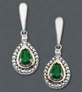 Personalize her gift this year. Perfect for the May birthday, a pear-cut emerald (3/8 ct. t.w.) adds a subtle green shimmer to these stunning teardrop earrings. Crafted in 14k gold and sterling silver with a sparkling diamond accent in each pair. Approximate drop: 1 inch.