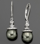 Daring style with a deep intrigue. These earrings feature Tahitian pearl (7-9mm) set in 14k gold and sterling silver with diamond accents. Approximate drop: 1-1/4 inches.