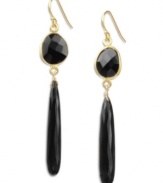 Bold and daring, these dynamic earrings add a pop of jet black color to your look. Earrings are crafted in 18k gold over sterling silver with faceted and teardrop-shaped onyx stones (24-1/2 ct. t.w.). Approximate drop: 2-1/4 inches.