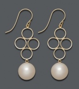 Great style is eternal. Unique earrings feature a grade A cultured freshwater pearl drop (8-8-1/2 mm) suspended from four delicate, cut-out circles. Crafted in 14k gold. Approximate drop: 1-1/2 inches.