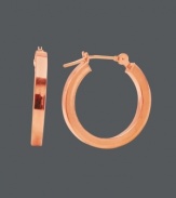 Simple hoops capture the trends effortlessly in chic, caramel color. Features a small hoop design and click backing crafted in 14k rose gold. Approximate diameter: 5/8 inch.