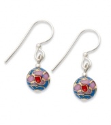 A blue, pink and red cloisonné enamel pattern decorates the surface of Jody Coyote's pretty beaded earrings. Crafted in sterling silver. Approximate drop: 1 inch.