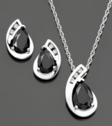 Deep black pear-cut onyx (5-9 mm) is a dramatic contrast to the shining sterling silver and glistening round-cut diamonds (1/8 ct. t.w.) on this beautiful necklace & earring set. Necklace measures approximately 18 inches long with a 3/4-inch drop.