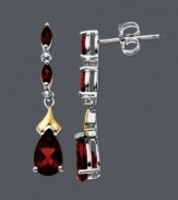 Add spark and sparkle all at once. These red-hot earrings feature pear and marquise-cut garnet (2-5/8 ct. t.w.) with a light dusting of round-cut diamond. Crafted in sterling silver with 14k gold accents. Approximate drop: 1 inch.