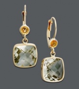 Delight in light spring colors. These airy drop earrings feature pale gemstones in cushion-cut green quartz (8-1/3 ct. t.w.) and round-cut citrine (3/4 ct. t.w.). Crafted in 14k gold. Approximate drop: 1 inch.