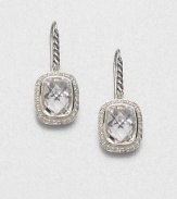 From the Noblesse Collection. Beautifully faceted rectangular white topaz surrounded in dazzling diamond set in sterling silver. White topazDiamonds, .42 tcwSterling silverLength, about .5Hook backImported 