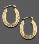 These 14k gold hoop earrings feature comforting design for every day.  Approximate diameter: 1/2 inch. Approximate length: 1 inch.