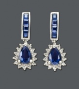 Dramatic dangling earrings are just the finishing touch. These royalty-inspired earrings feature pear-cut and square-cut sapphire (2-1/2 ct. t.w.) and round-cut diamond (1/4 ct. t.w.). Set in 14k white gold. Approximate drop: 1 inch.