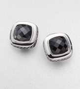 From the Albion Collection. Elegantly faceted black onyx with a smooth bezel and rope edge of sterling silver. Black onyx Sterling silver About ½ square Post-and-hinge back Made in USA