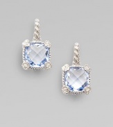 From the Linen Collection. A small cushion-cut blue quartz shimmers in a sterling silver setting, accented by white sapphires.Blue quartzWhite sapphireSterling silverLength, about ¾Ear wireImported