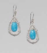 From the Calypso Collection. A shining teardrop with a spiky texture and white sapphire accents frames a faceted drop of vivid turquoise.Turquoise and white sapphireRhodium platedLength, about 2Ear wireImported