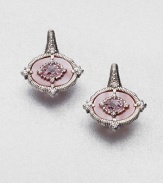 A petite and pretty style with pink mother-of-pearl and faceted pink crystal accented in white sapphires. Pink mother-of-pearlPink crystalWhite sapphireRhodium-plated sterling silverLength, about .75LeverbackImported 