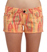 THE LOOKColorful ikat printWide waistband with belt loopsFront button closure with zip flyFive-pocket styleRemovable logo charm at belt loopRaw edge hemPyramid studs at back pocketTHE FITRise, about 6Inseam, about 3THE MATERIAL43% lyocell/26% cotton/17% rayon/13% polyester/1% spandexCARE & ORIGINMachine washImported of domestic fabricModel shown is 5'10 (177cm) wearing US size Small. 