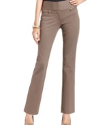 Alfani's pants look extra chic with a slim-fitting, straight-leg silhouette and a wide waistband. Gold zippered pockets are a shiny finishing touch.