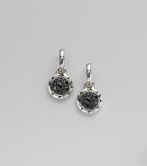 Delicate carved drops are inset with sparkling rounds of pavé black sapphires. Sterling silver settings Post backings Made in Bali