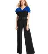 A colorblocked, cowlneck jumpsuit from AGB makes an effortlessly chic option for evening!