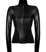 Detailed with stretch paneling for an exquisitely seductive tailored fit, Jitrois black leather jacket is a luxurious choice perfect for adding that characteristic chic edge to your outfit - Stand-up collar, long sleeves, zippered cuffs, front zip closure - Extra form-fitting - Wear over a tailored cocktail sheath with pin heels and sparkly fine jewelry