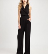 A draped neckline and flattering sash give this silk jumpsuit with a hint of stretch, a beyond-feminine look.Draped v-neckSleevelessPleat details at waistSelf-tie beltConcealed back zipperFully linedAbout 59 from shoulder to hemSilk/spandexDry cleanImported Model shown is 5'10 (177cm) wearing US size 4. OUR FIT MODEL RECOMMENDS ordering true size. 