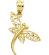 The natural flit and flutter of a real dragonfly is captured in the angular placement of this filigree dragonfly charm. Crafted of 14k gold with a satin finish. Chain not included. Approximate drop length: 4/5 inch. Approximate drop width: 1/2 inch.