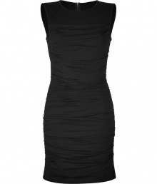 Cut a feminine figure at cocktail hour in DKNYs ultra-flattering ruched black dress - Round neckline, sleeveless, exposed metal back zip - Form-fitting - Wear with heels, a leather jacket, and clutch for city cocktails