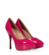 Add a punch of pink to your outfit with Valentinos bright patent leather platform pumps - Pointed almond toe, platform, slips on - Stiletto high-heel - Wear with everything from ankle jeans and pullovers to form-fitting cocktail dresses