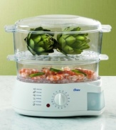 Let off some steam. Cook healthy meals with this high-capacity steamer. Includes large 3.8 qt and smaller 2.3 qt. steaming bowl for culinary versatility. Includes eight egg holders for soft or hard cooked eggs and 10-cup capacity rice bowl. 75-minute timer with auto shutoff for safety. Model 66471.