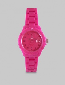 From the Monochrome Collection. A vibrant, ultra-lightweight design with a magnified date-function. Quartz movementWater resistant to 5 ATMRound plastic case, 39mm (1.5) Stainless steel case back and crownRotating bezelPink dialDot hour markersDate display at 3 o'clockSecond hand Plastic link braceletImported 