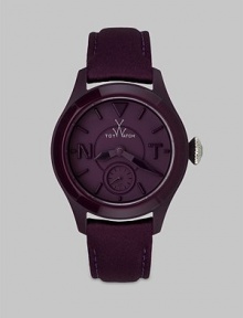 Hit the high skies with this sleek, lightweight style. Quartz movementWater resistant to 5 ATMRound plastic case, 39mm (1.5)Stainless steel case back and crownSmooth bezelPurple dialBar and letter hour markersSecond sub-dialPurple leather strapImported