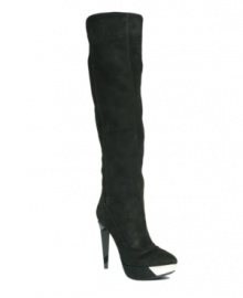 RACHEL Rachel Roy tackles cold-weather fashion from a new angle. A mirrored geometric heel calls attention to the smooth, leg-lengthening shaft of the Cabrey over-the-knee boots.