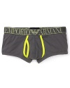 From Emporio Armani, ultra-soft cotton trunks framed by a wide logo waistband and contrast trim at the fly.