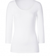 With a feminine cut and soft stretch cotton, Hugos scoop neck tee sets a chic foundation for building workweek looks - Scoop neckline with grosgrain trim, 3/4 sleeves - Slim fit - Wear with a blazer, tailored trousers and peep-toes