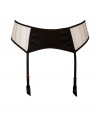 Bring sexy back in this ultra-luxe garter belt -Adjustable black suspenders and trim with contrasting pale pink detailing - Wear under your favorite dress or on alone to amp up the sultry factor - Made by highend lingerie label Kiki de Montparnasse