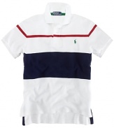 Rendered in breathable cotton mesh, a classic-fitting polo shirt is accented with bold stripes for a handsome, athletic look.