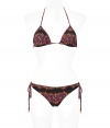 Stylish bikini made ​.​.of fine, multicolored patterned synthetic stretch - Glamorous print in shades of purple, brown and black - Classic triangle halter style is adjustable at back and neck - Narrow bottoms features adjustable side ties - A must-have on your next tropical vacation, or simply on your own pool deck