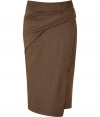 Luxurious skirt in a fine caramel brown linen-wool blend - With trendy sarong wrapped draping and in the absolute trendy and new midi length - The awesome alternative to the eternal pencil skirt - Slim cut, wonderfully comfortable, thanks to a little stretch - Wear to the office (with a shirt or blouse and blazer) or after work (with a top and leather jacket)