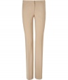 Luxe trousers in fine, beige virgin wool stretch blend - Slim, streamlined silhouette - Crease detail from thigh to hem flatters and elongates the leg - Gently flared boot cut - Single welt button pockets at rear - Medium-low rise, with zip fly and tab closure - Perfect for work and play - Style with a blazer and silk blouse by day, and dress up with a sequin top and cropped leather jacket at night