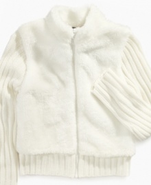 Give her the look of luxury with this faux-fur full zip sweater from Forever and Ever.