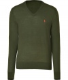 Elegant sweater in olive green merino wool is a great basic for the season - Soft feel and high-quality construction by Polo Ralph Lauren - Features contrasting embroidered logo - Narrow cut with v-neck and long sleeves - Favorite piece for everyday - Wear over shirts or tees with jeans, cords or chinos