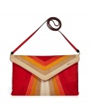 Luxe clutch in supple red and orange suede - Elegant, rectangular clutch style with envelope flap - Fashionable multicolor stripe motif - Slim, detachable shoulder strap takes the bag from day to evening - Interior zip pocket and magnetic closure - Sophisticated, sexy and on-trend - Pair with a cocktail dress or tuxedo suit