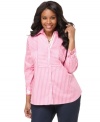 Add a chic topper to your casual wardrobe with Charter Club's long sleeve plus size shirt, highlighted by a pintucked front and stripes.