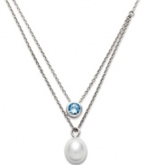 A classic style with a modern spin. Fresh by Honora's pretty two-row necklace features a cultured freshwater pearl (9-9-1/2 mm) and a bezel-set blue topaz (1/2 ct. t.w.) in sterling silver. Approximate length: 16 and 17 inches + 2-inch extender. Approximate drop: 1/2 inch and 1/4 inch.