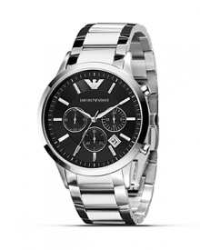 A classic look with a sleek profile, this Armani watch features all analog display - including second and date - and a comfortable steel link bracelet.