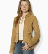 Western inspiration comes to life in a supple suede jacket from Lauren Jeans Co., accented with a cascade of fringe along the arms and back.