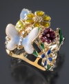 Frolic through a field of flowers with this gorgeous ring by GUESS. Crafted in polished goldtone mixed metal, this ring features an array of colorful crystal flowers with a butterfly accent at the center. Size 8.