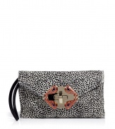 Add luxe appeal to any look with this edgy-cool spotted clutch from Etro - Classic envelope shape, front flap with turn-lock closure with brass-tone and crystal embellishment, small side handle, all-over spotted print - Pair with a cocktail sheath or wide leg trousers and a sheer blouse