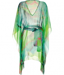 Luxe caftan in ultra-fine pure, green silk - Diaphanous, airy chiffon drapes beautifully - Vibrant, exotic multicolor print - Deep V-neck and dramatic, oversize batwing sleeves - Tie belt cinches waist - Mini style hits well above the knee - Sensuous and glamorous, a must for your next getaway - Pair with white jeans and sandals or your favorite bikini