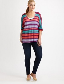 Brightly striped, an easy pullover with modern elbow-length sleeves.V-neckElbow-length sleevesPull-on styleAbout 29 from shoulder to hemMicro modalDry cleanMade in USA