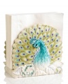 A symbol of eternal life and beauty, the peacock serves as the inspiration for this fanciful napkin holder. Richly detailed with subdued watercolors, it's a stunning stand-alone piece and beautiful complement to Edie Rose by Rachel Bilson dinnerware and serveware.