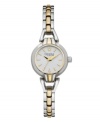 A perfectly petite dress watch styled in traditional two-tone metal. By Caravelle by Bulova. Two-tone bracelet and round case. Silver tone sunray dial features gold tone numerals at twelve and six o'clock, stick indices, three hands and logo. Quartz movement. Water resistant to 30 meters. Two-year limited warranty.