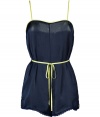 Detailed in super soft navy tumbled satin, Juicy Coutures neon trimmed romper is a sporty choice as comfy as it is chic - Neon lime adjustable spaghetti straps and trim, neon lime grosgrain self-tie sash with gold-toned logo engraved aglets, belt loops, scalloped trim, logo charm - Loosely fitted - Wear with an open cardigan and shearling lined boots for cool weather lounging